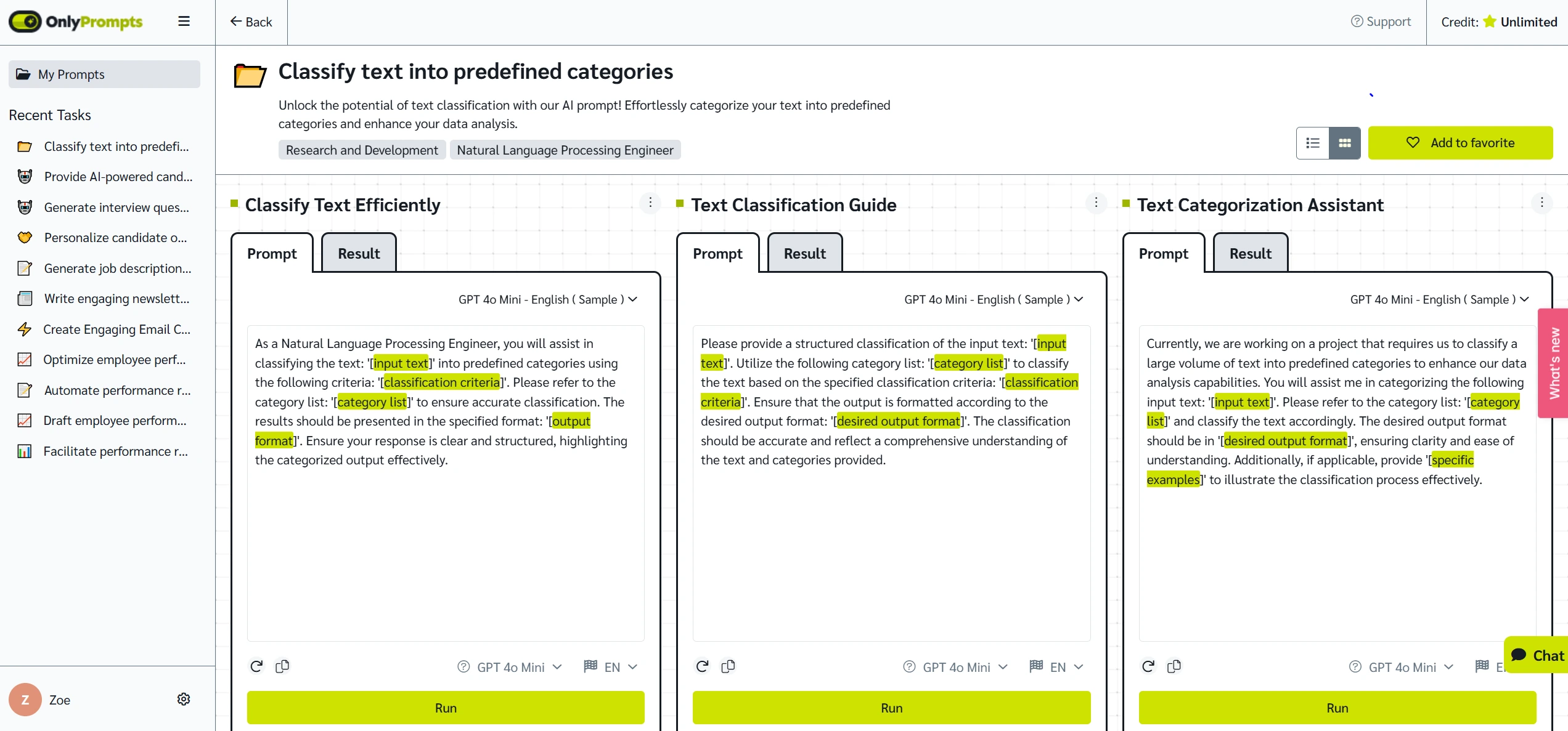 Comparing prompts in OnlyPrompts