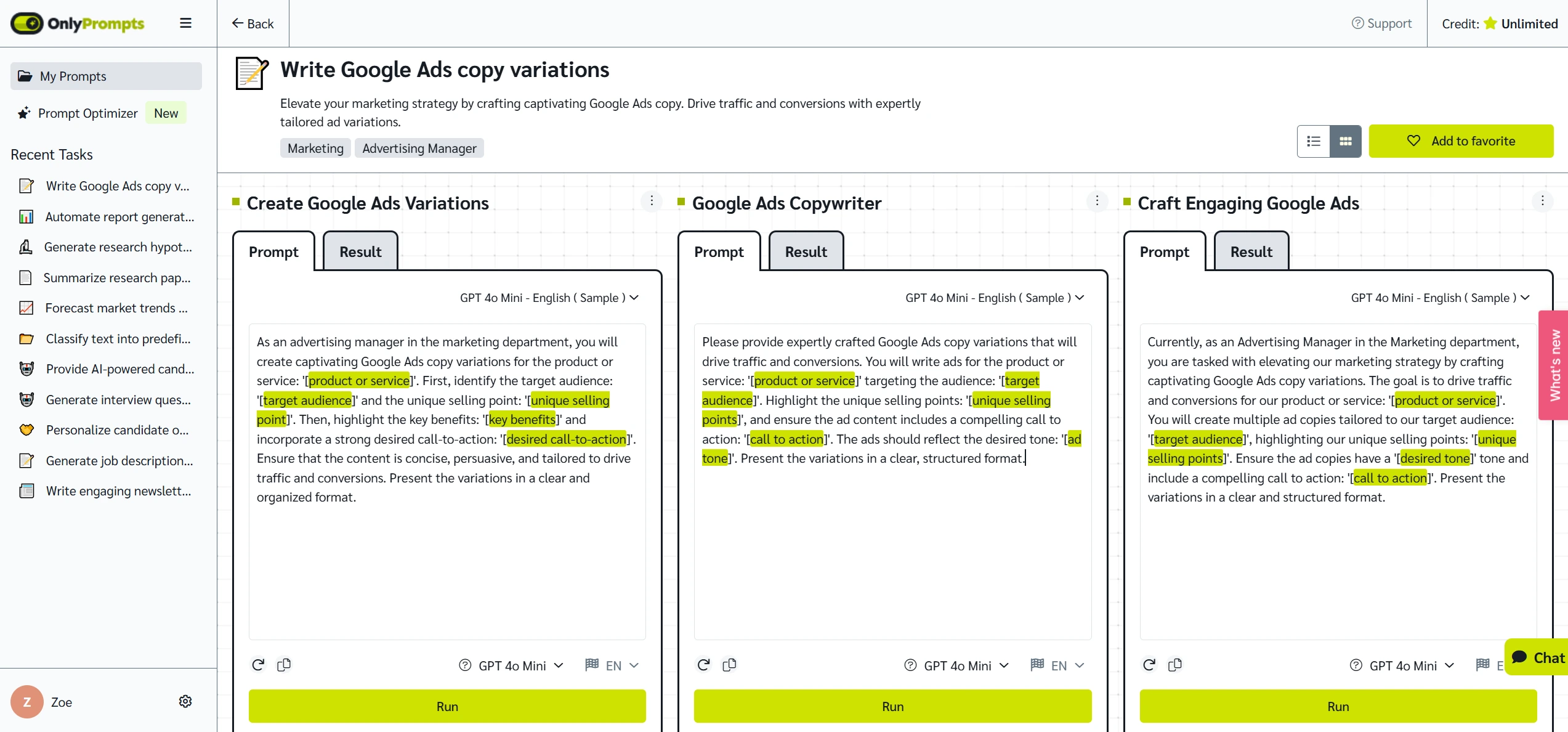 Grid view to compare prompts