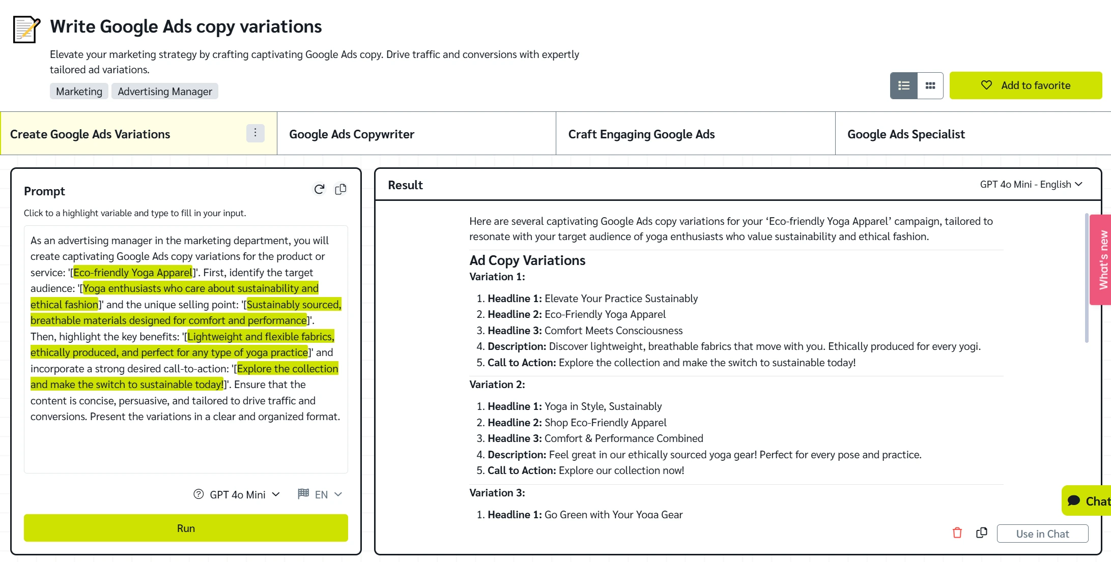 Write Google Ads copy variations example