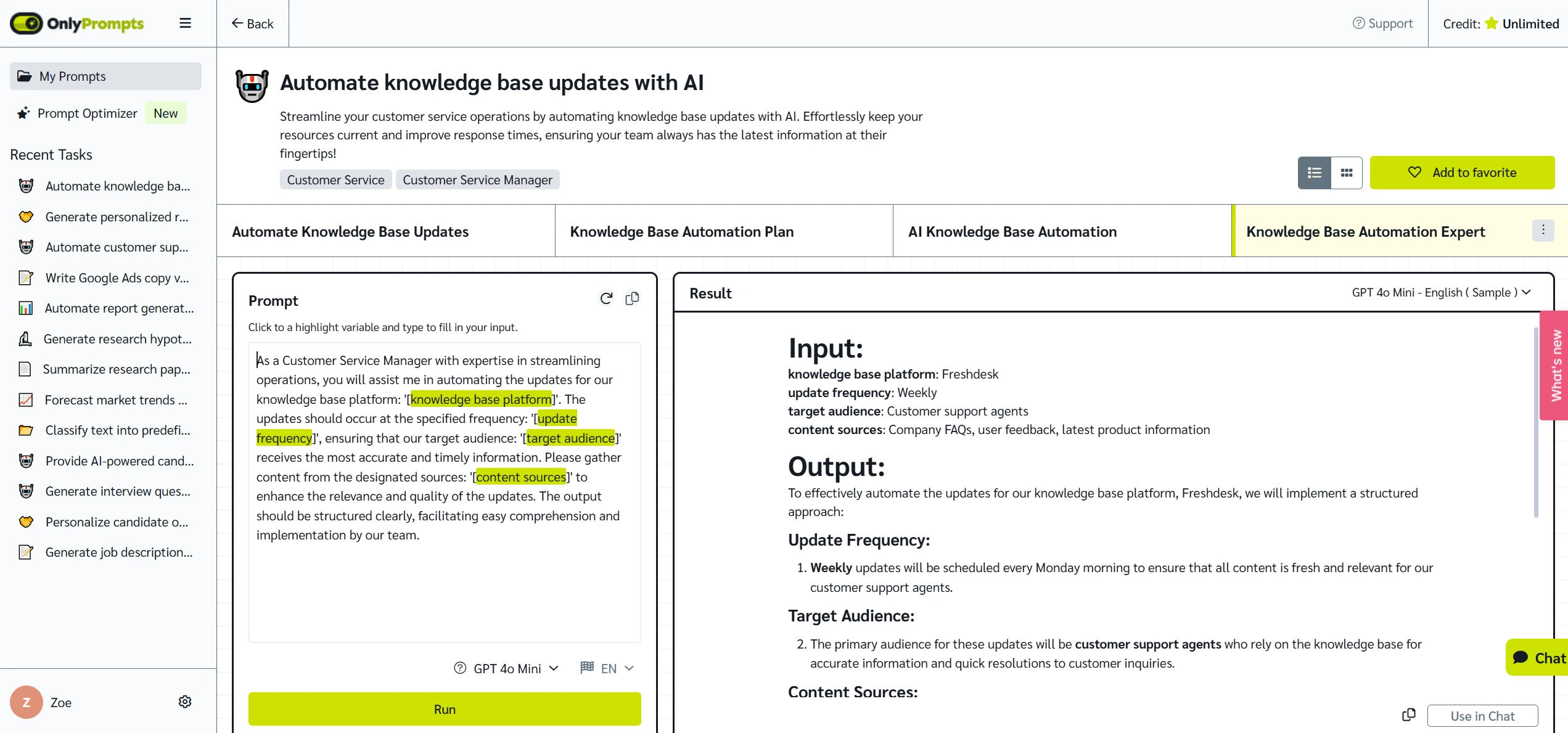 Automate knowledge base prompt template