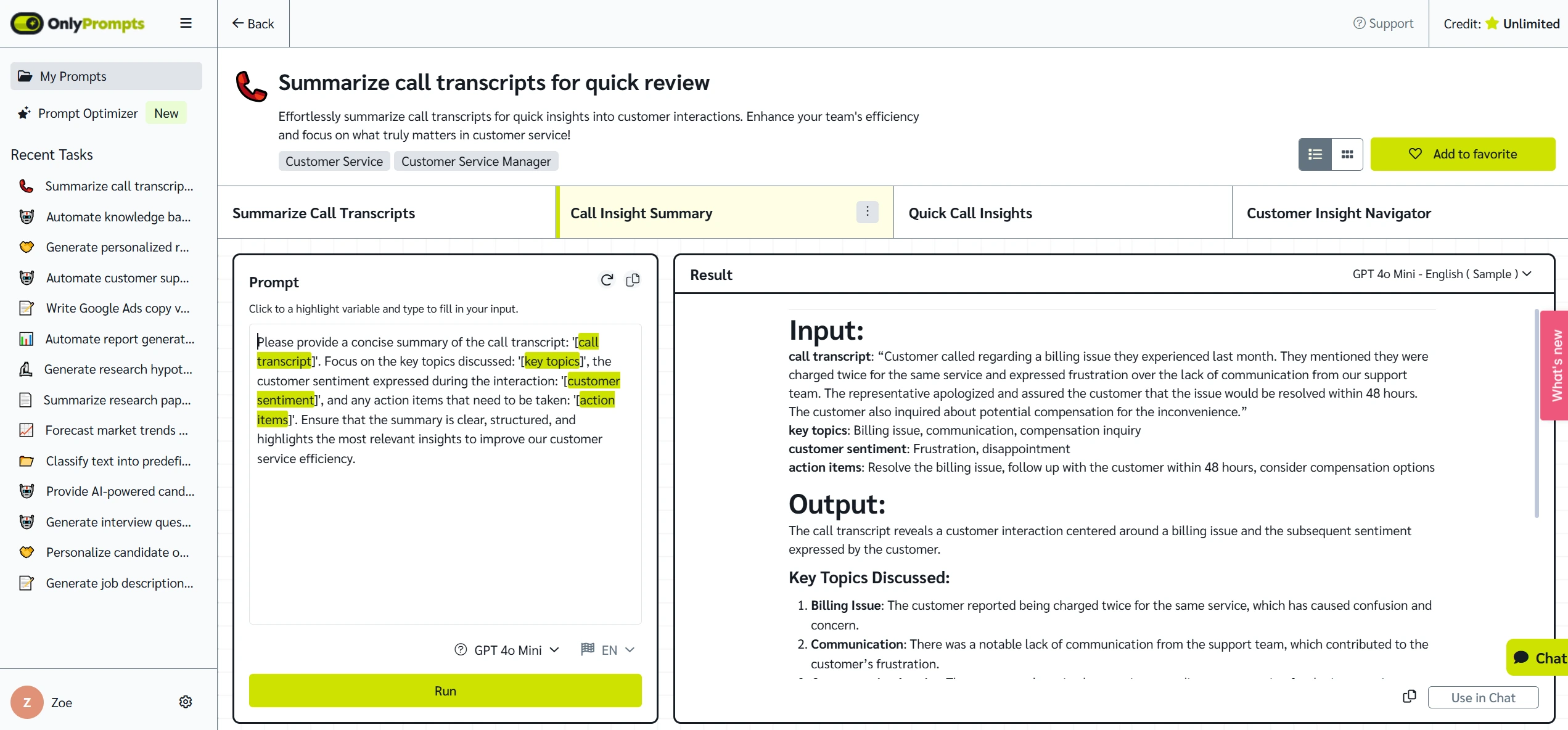 Call transcript prompt template