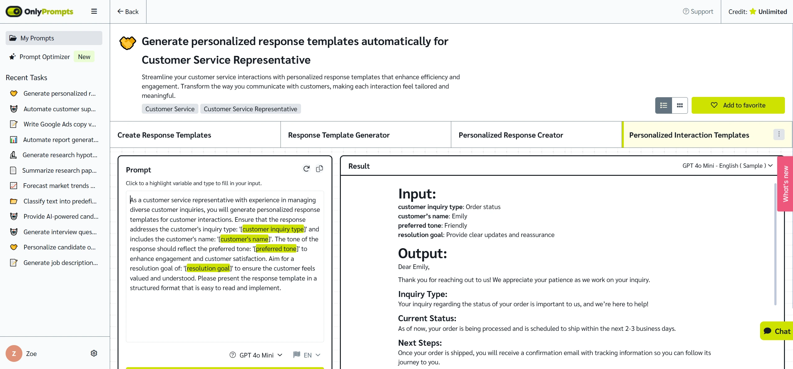 Personalized response templates prompt