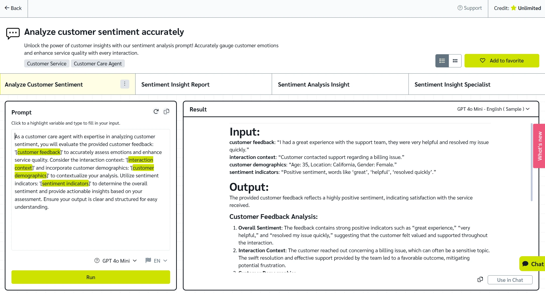 Analyze customer sentiment accurately prompt template