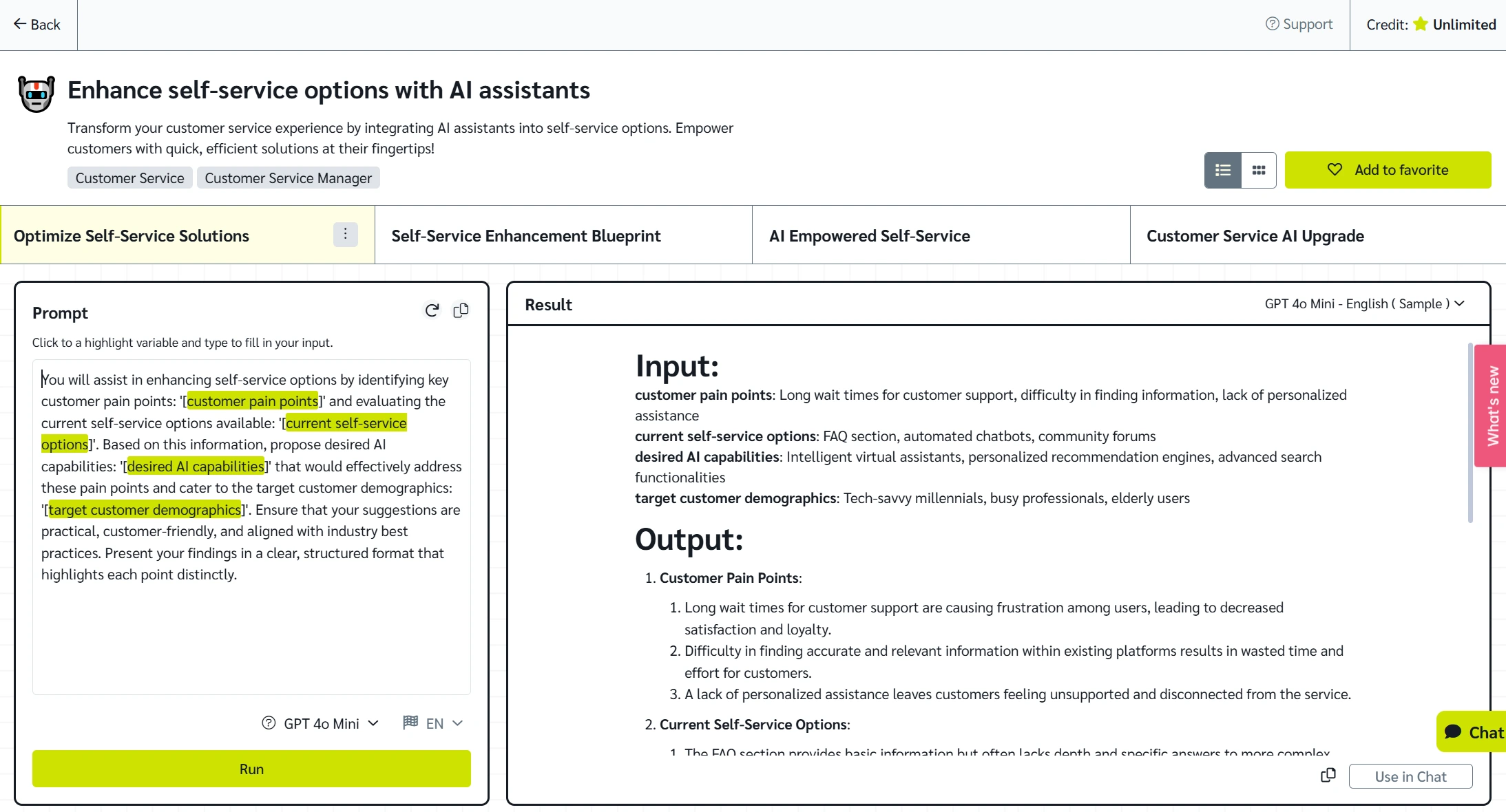 Enhance self service options prompt template