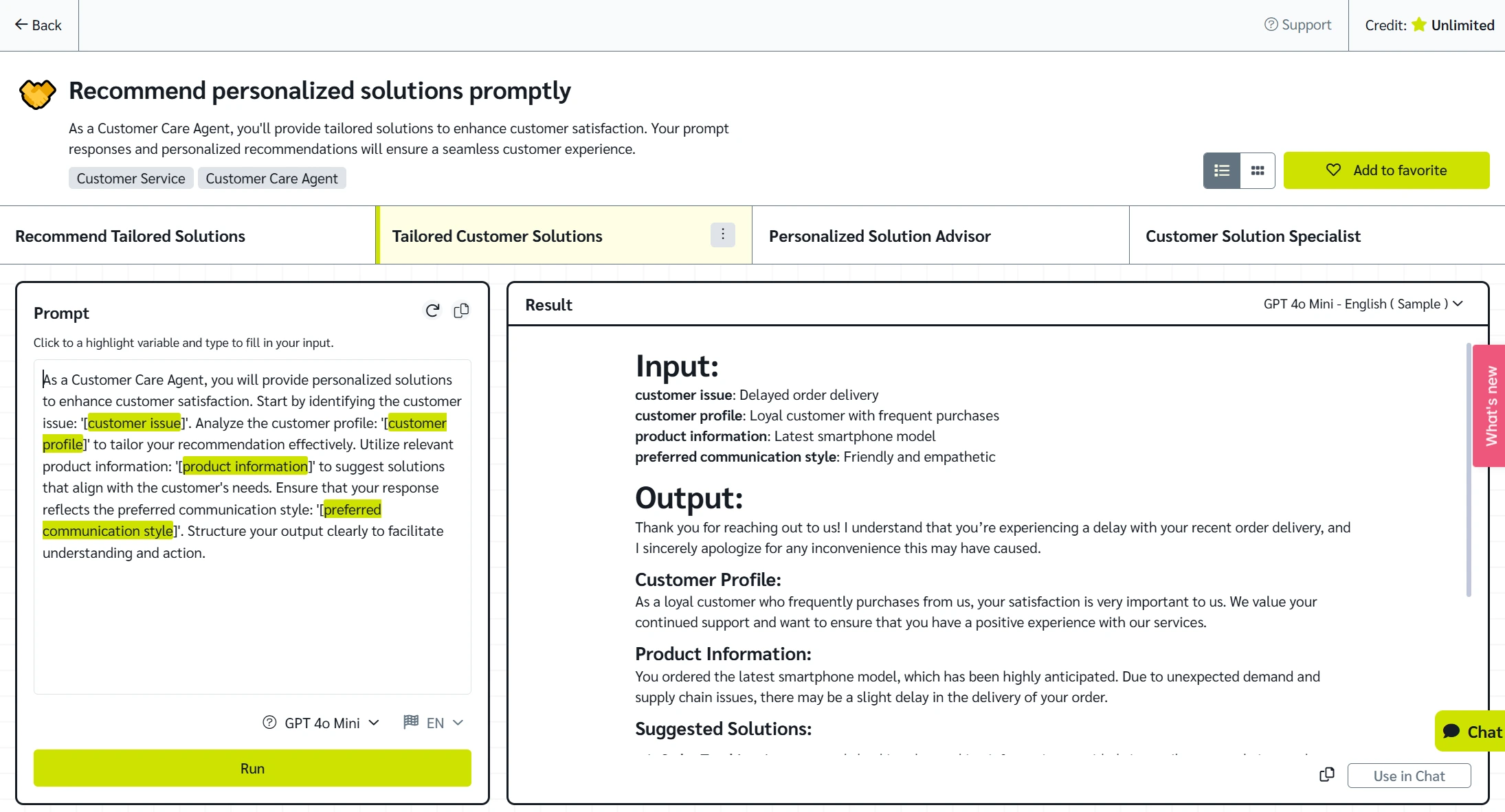 Recommend personalized solutions prompt template