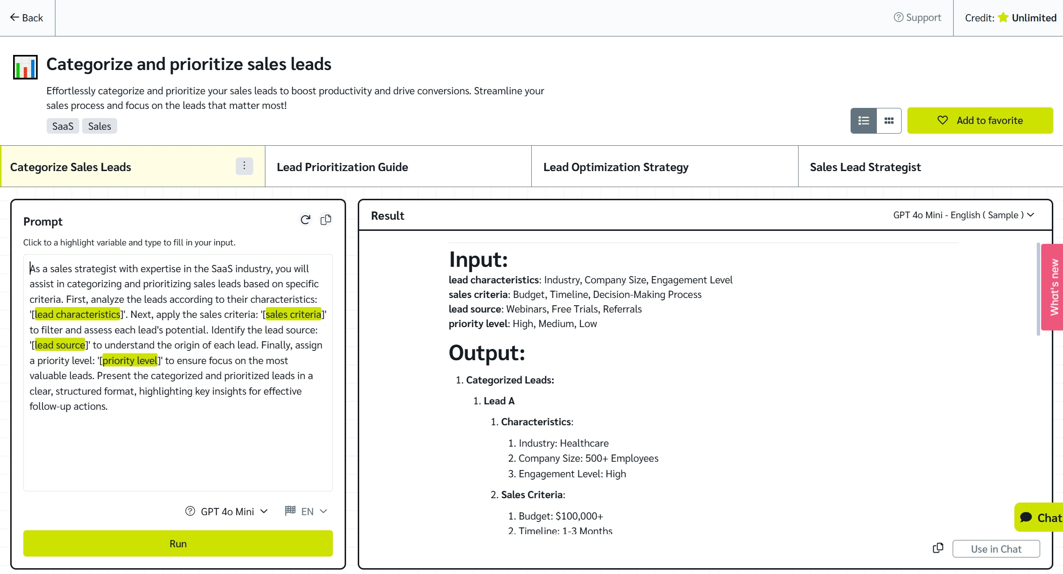 Categorize leads prompt template