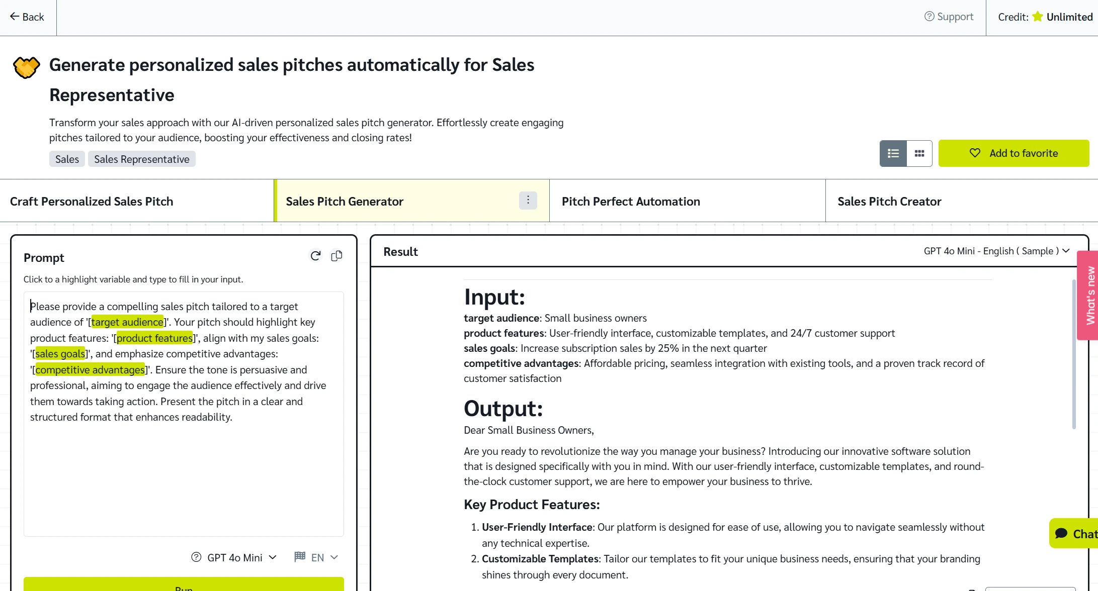 Generate sales pitch prompt template