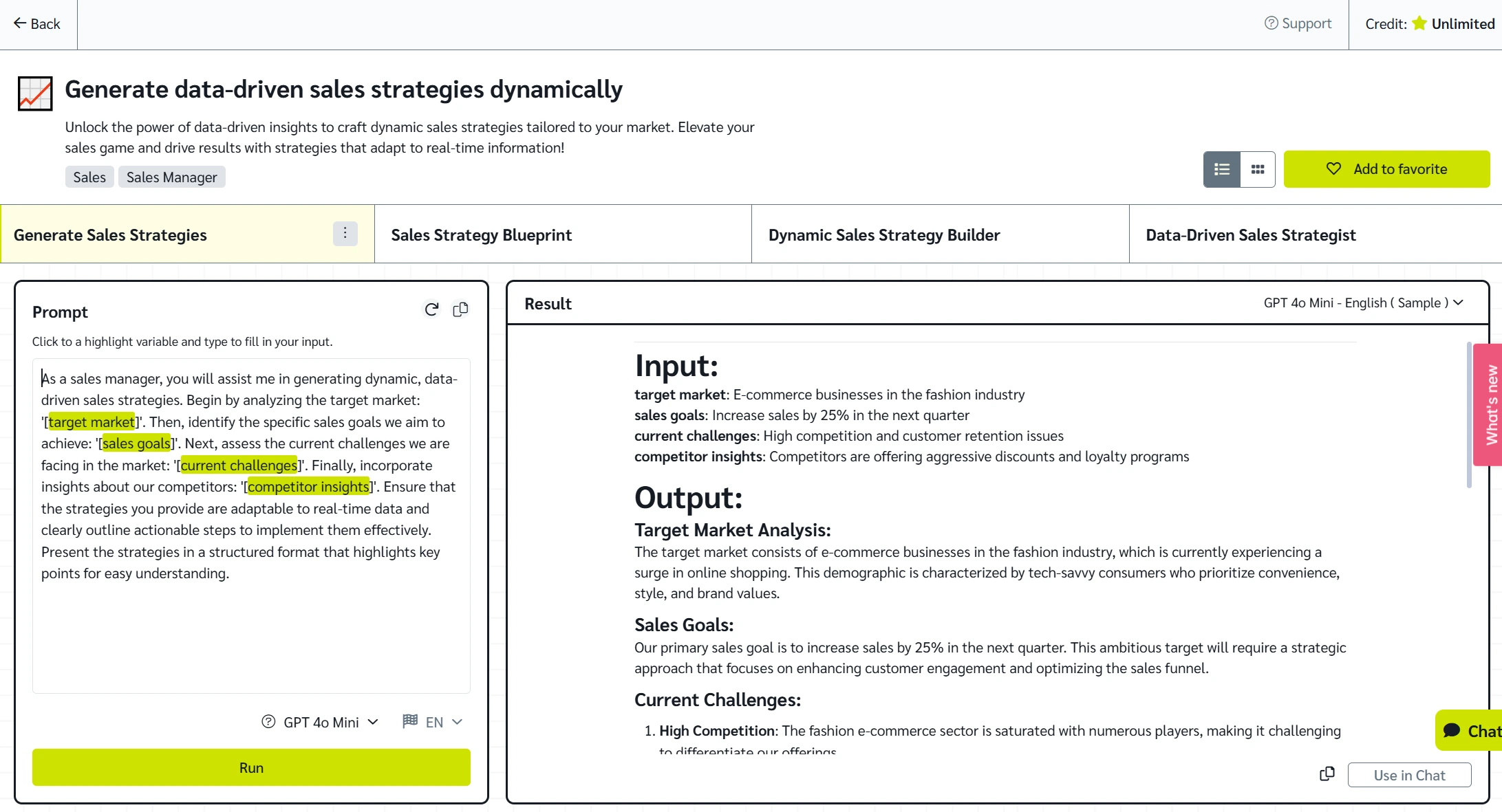 Generate sales strategies prompt template