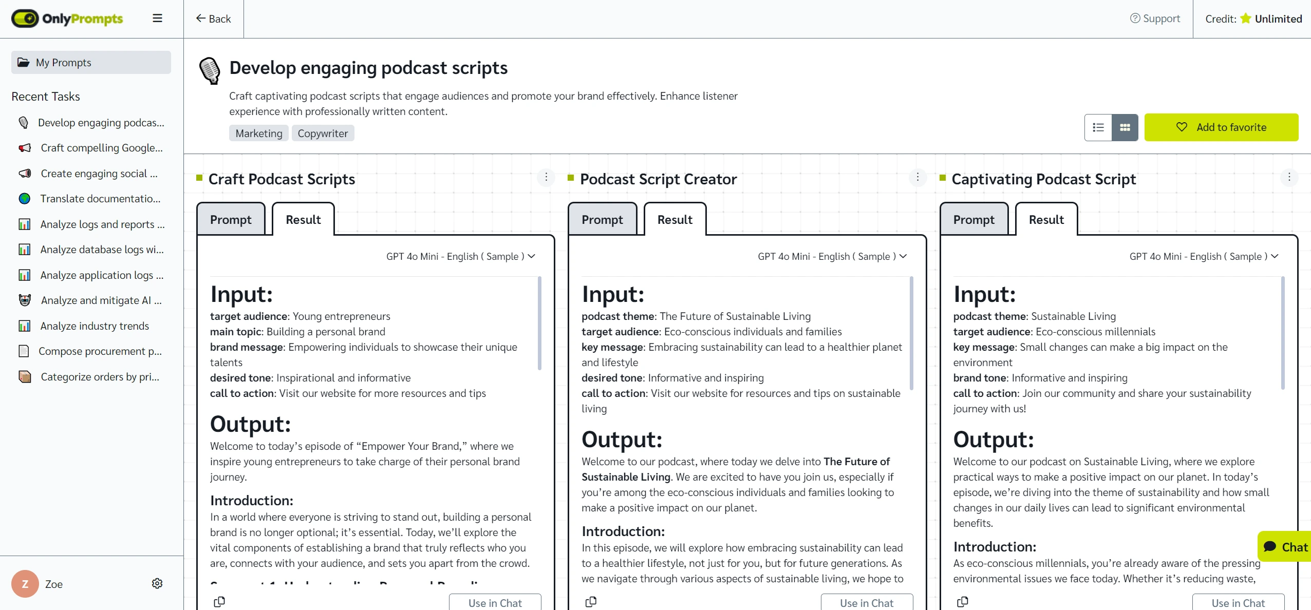 Comparing prompt outputs