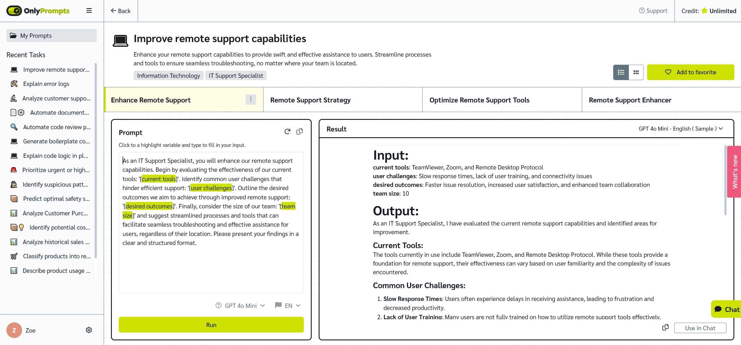 Prompt for IT support example