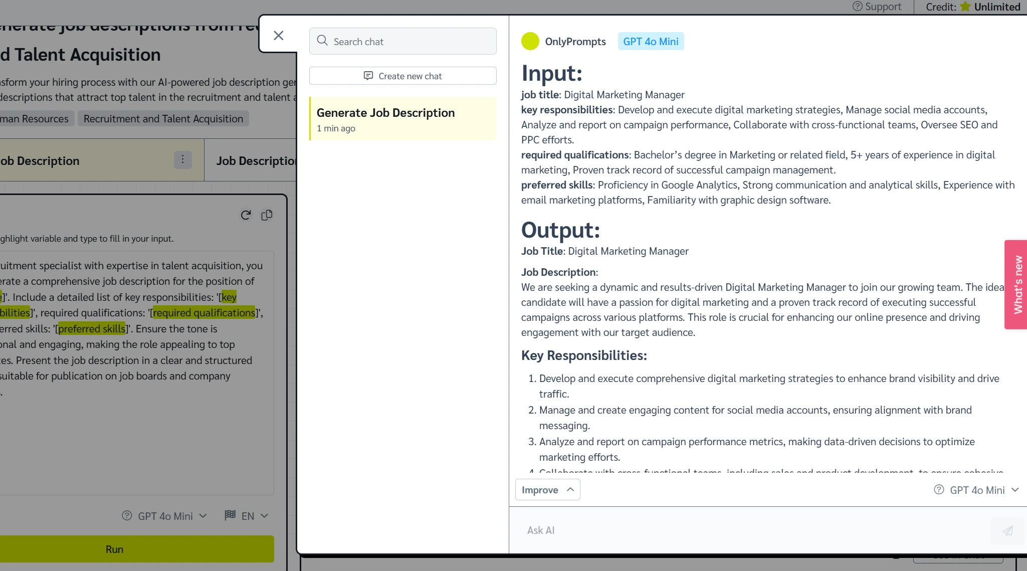 Generating job description prompt output