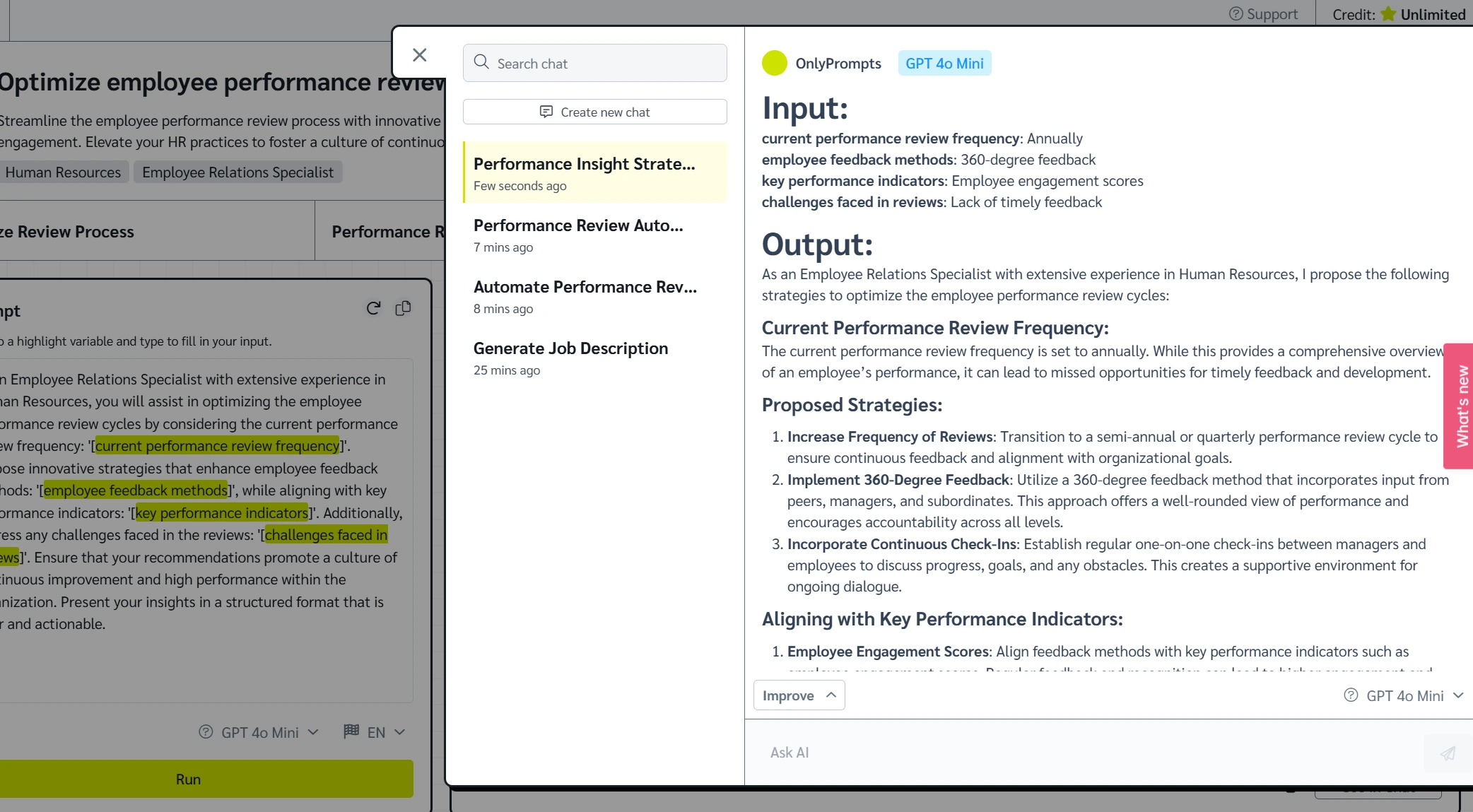 Optimizing employee performance review cycle prompt output