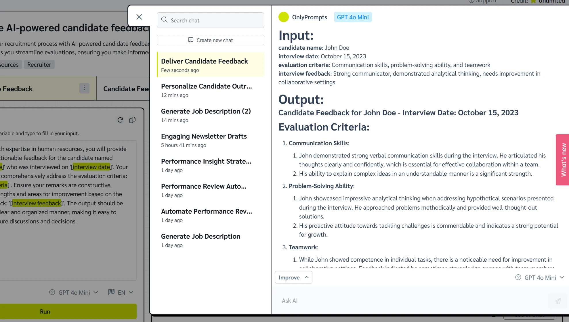 Candidate feedback prompt output